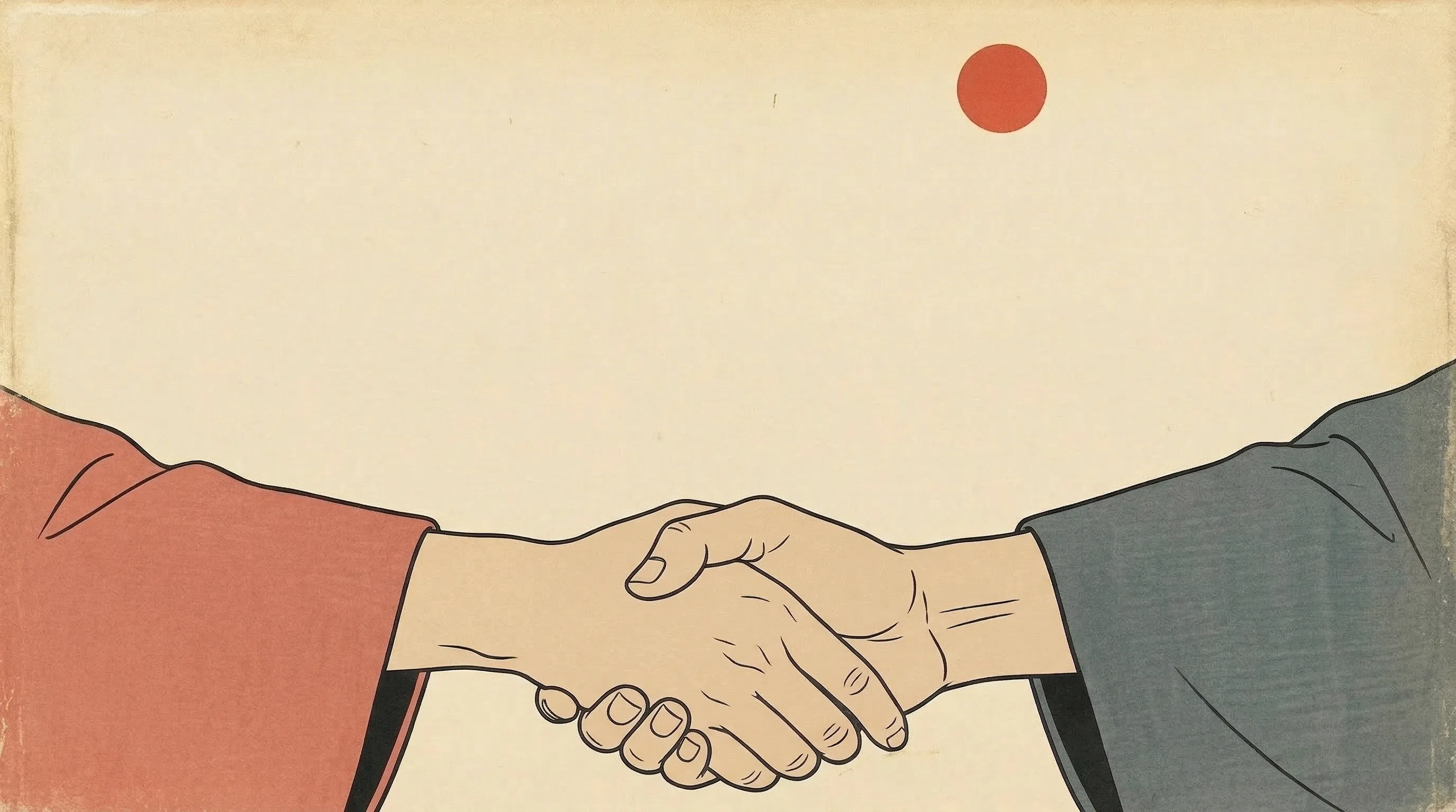 Japanese woodblock print of travellers crossing a bridge at dawn